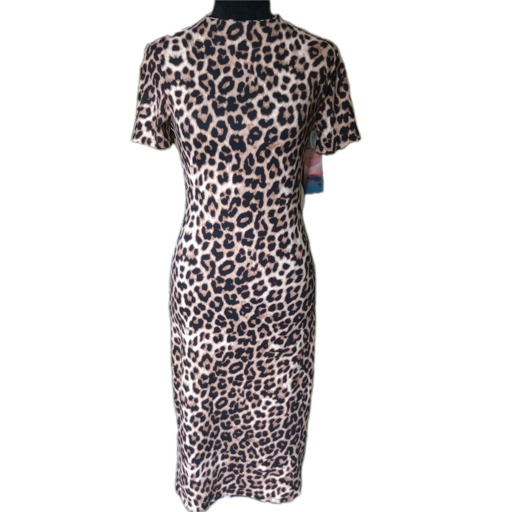 Haley & June Women's  L Brown/Black Leopard Print Bodycon Midi Dress, NWT